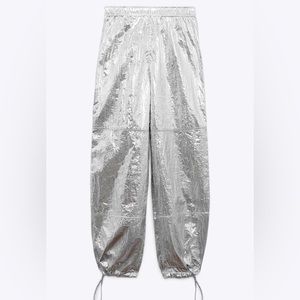 Zara Metallic Silver Parachute Pants